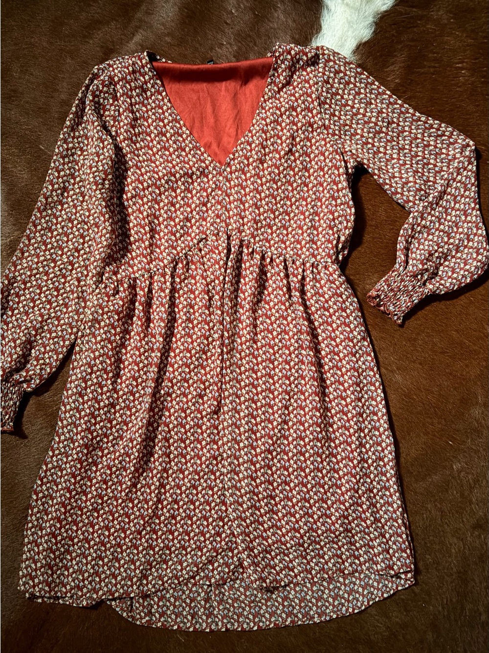 Women’s Floral V-Neck Long Sleeve Dress in Rust